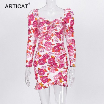  Floral Printed Dresses Women Puff Long Sleeve Square Neck Bodycon Mini Dresses